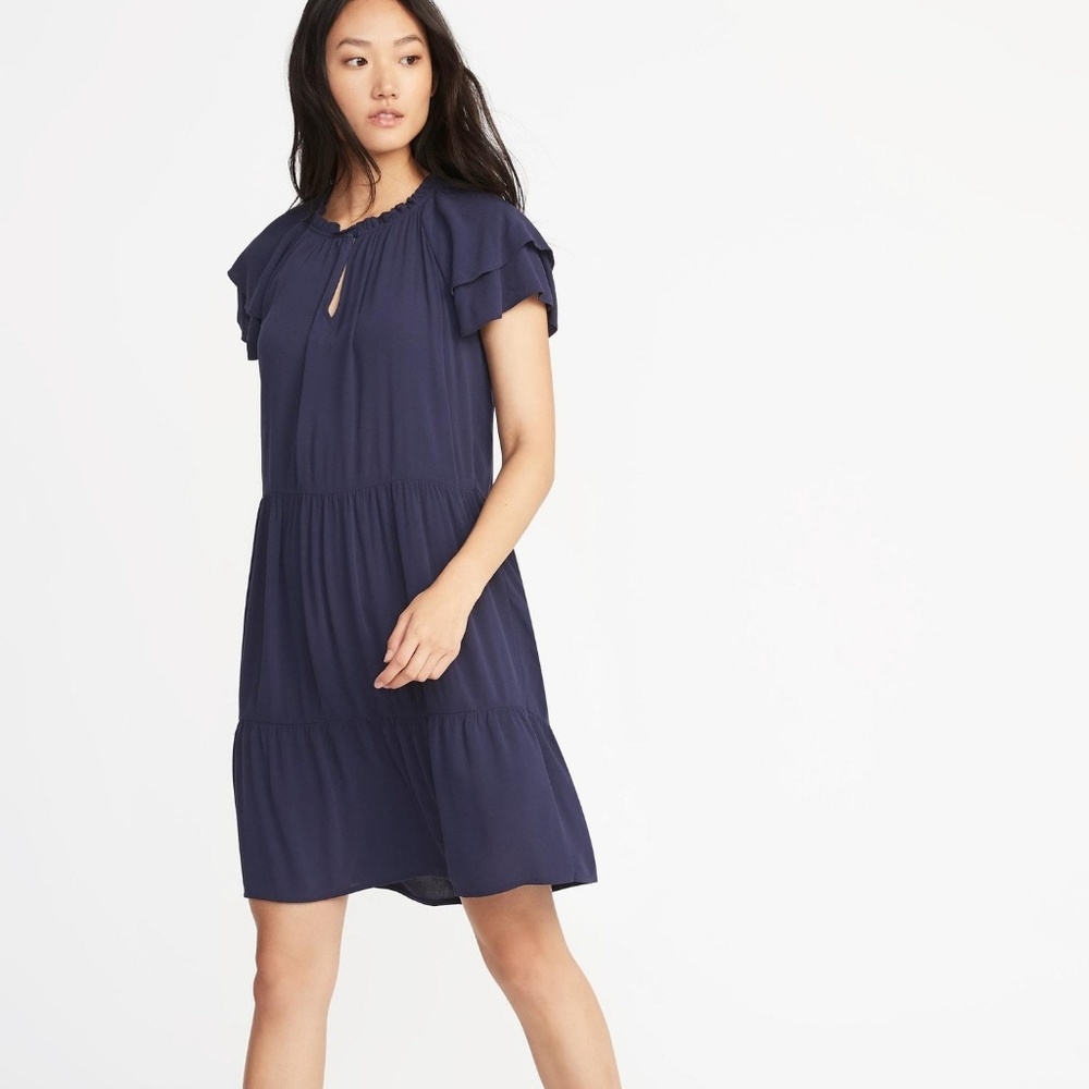 Ruffle Trim Keyhole Neck Swing Dress